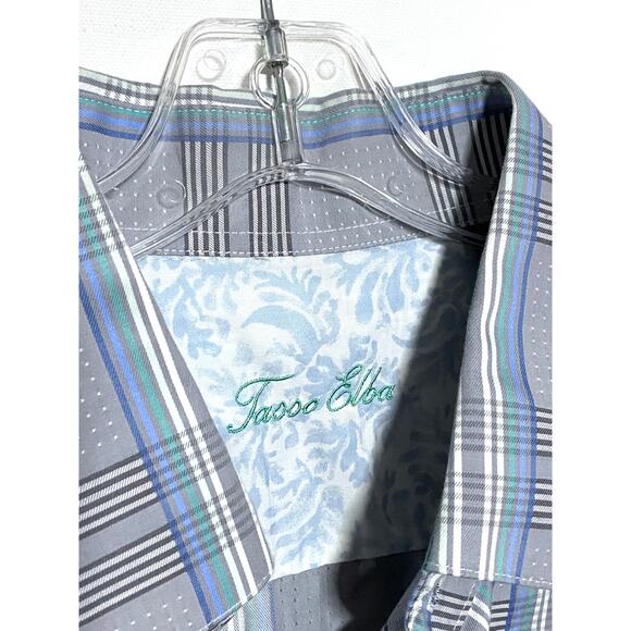Tasso Elba Button Down Flip Cuff Shirt Gray Blue Green Plaid Mens XXL 18-18.5 - Picture 2 of 6
